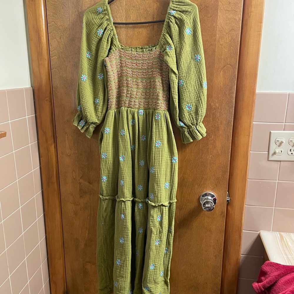 Green Floral Smocked Dress